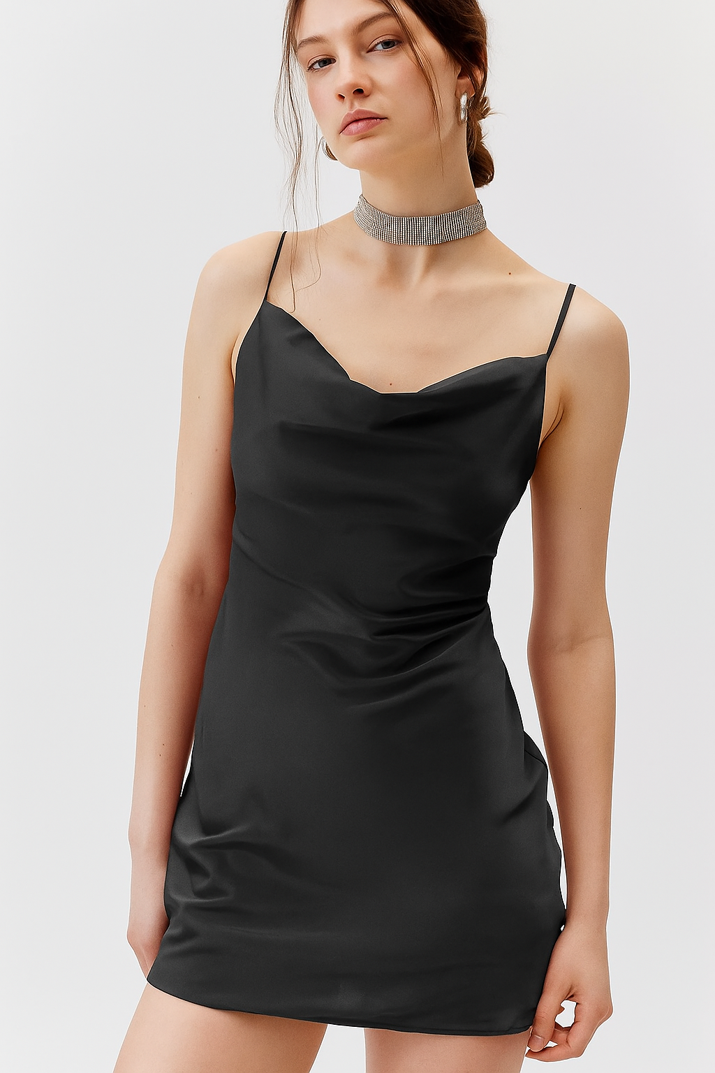 SATIN CAWL NECK MINI DRESS BLACK