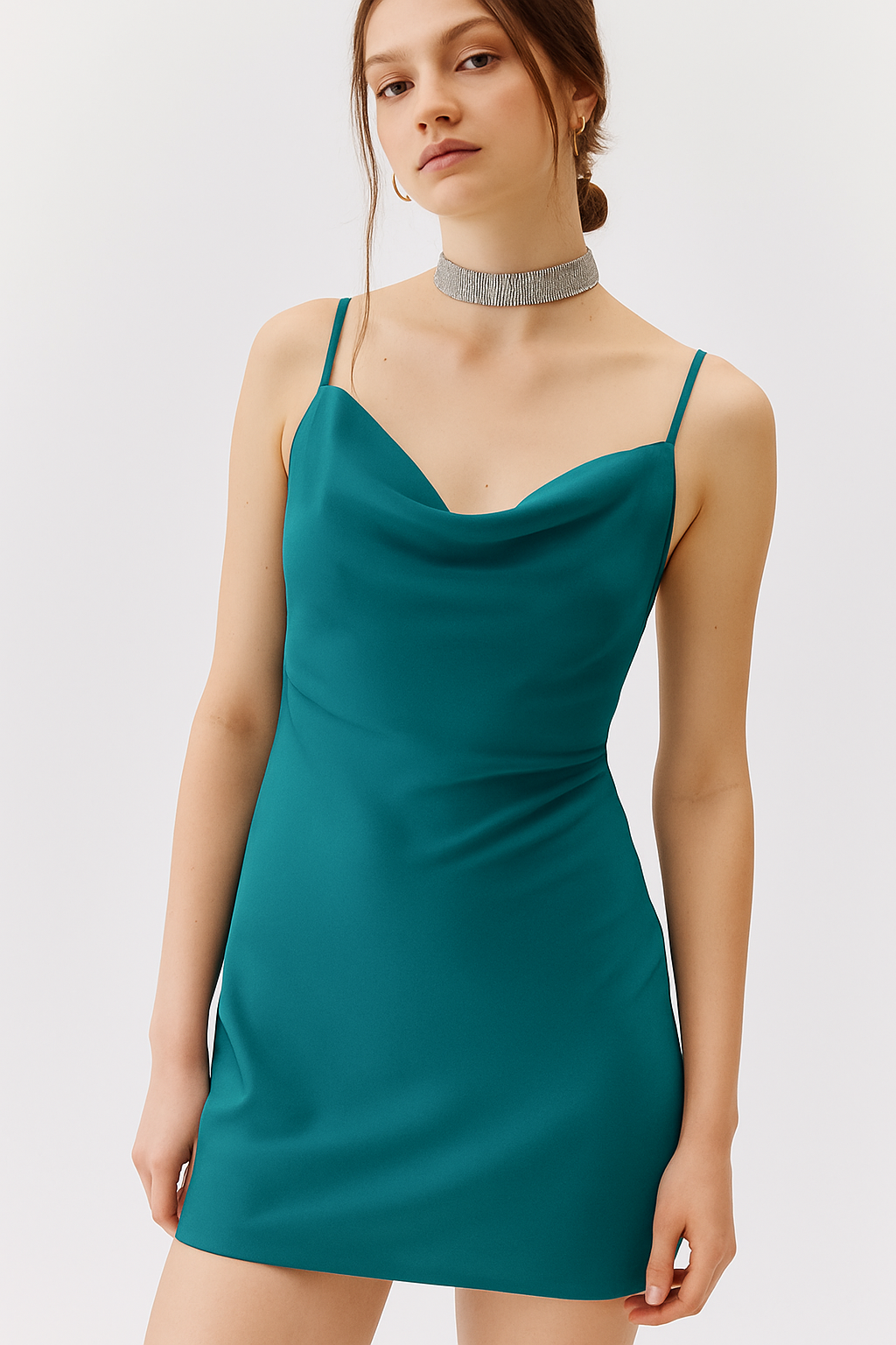 SATIN CAWL NECK MINI DRESS TEAL BLUE