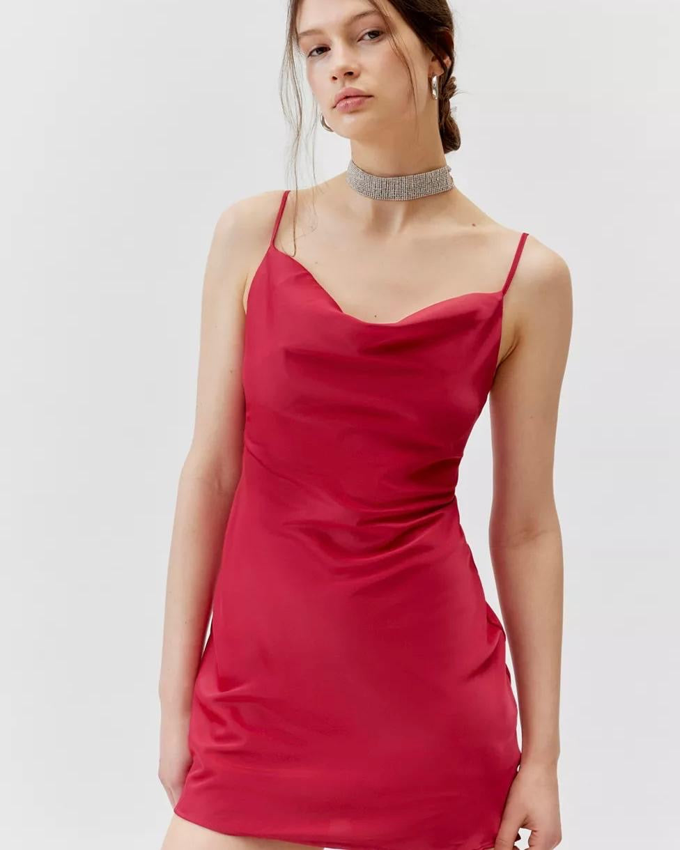 SATIN CAWL NECK MINI DRESS RED