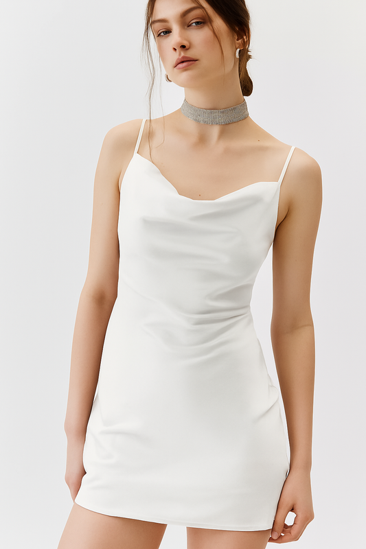 SATIN CAWL NECK MINI DRESS WHITE