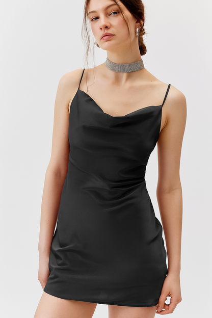 SATIN CAWL NECK MINI DRESS BLACK