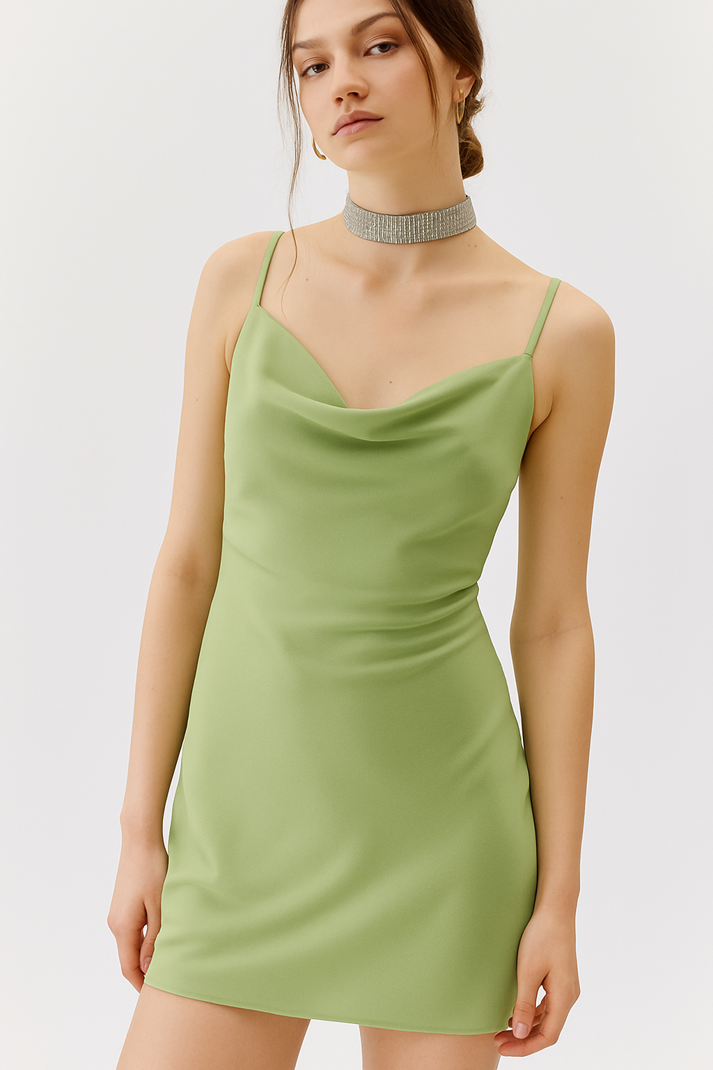 SATIN CAWL NECK MINI DRESS PISTA GREEN