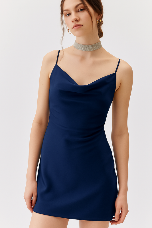 SATIN CAWL NECK MINI DRESS NAVY BLUE