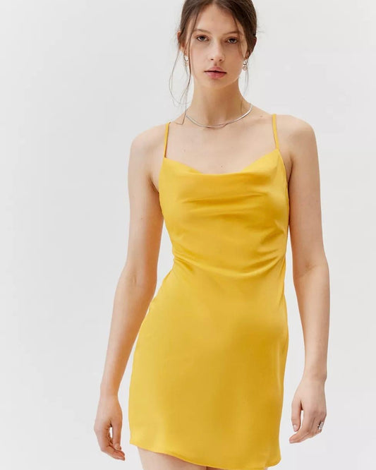 SATIN CAWL NECK MINI DRESS YELLOW