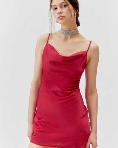 SATIN CAWL NECK  MINI DRESS RED