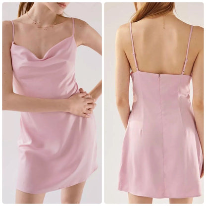 SATIN CAWL NECK MINI DRESS PINK